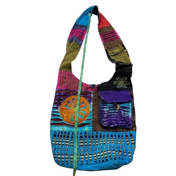 Boho Hippie Crossbody Tote Bag Multicolor Cotton Zipper Nepal Embroidered - Picture 6 of 8